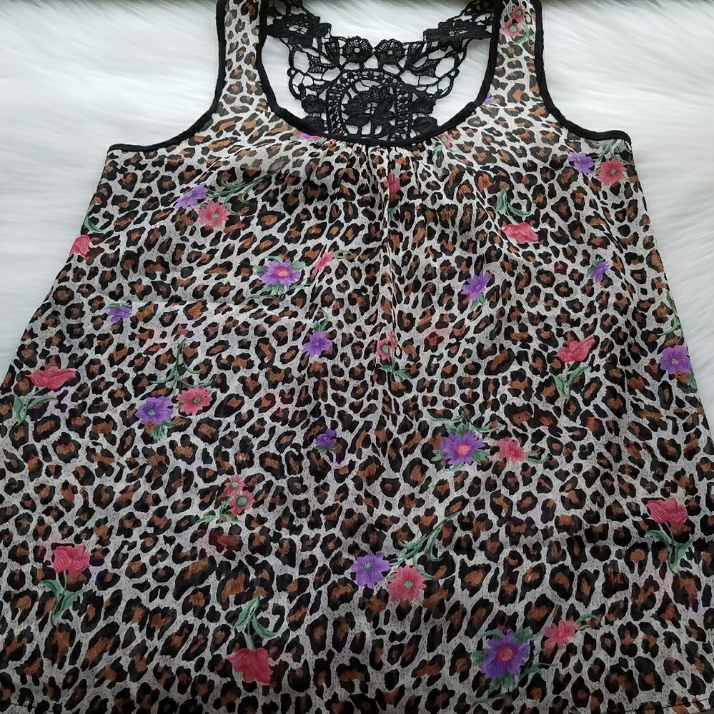 Forever 21 Leopard & Floral Tank With Crochet Back